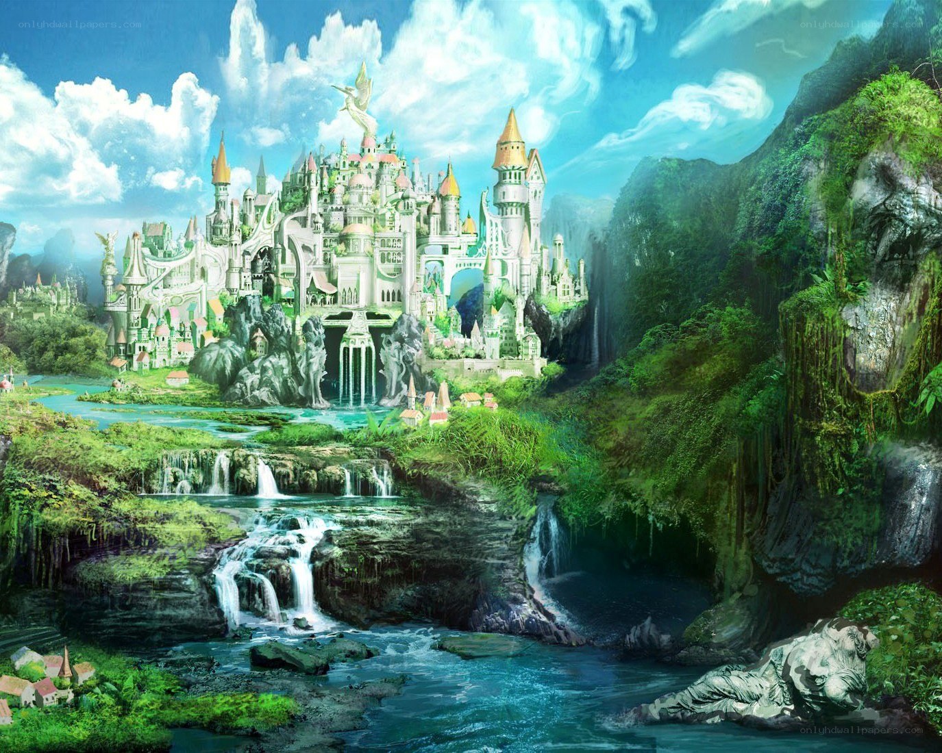 Fantasy castle in lush valley