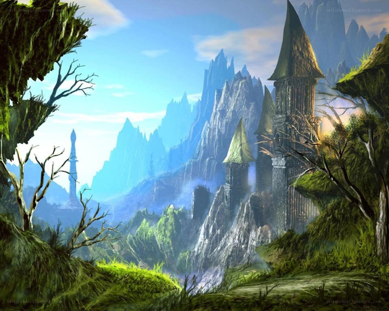 Fantasy castle in mountain landscape
