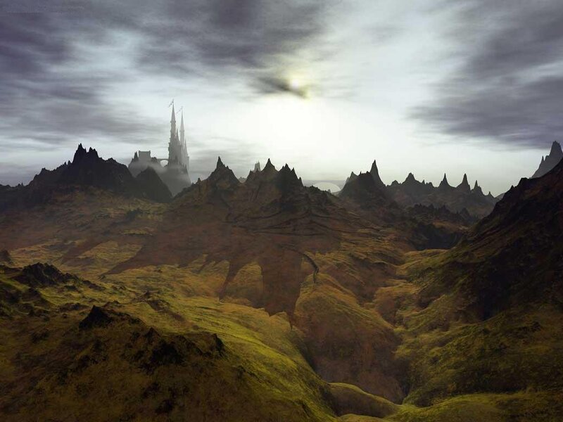 Fantasy castle in mountainous landscape