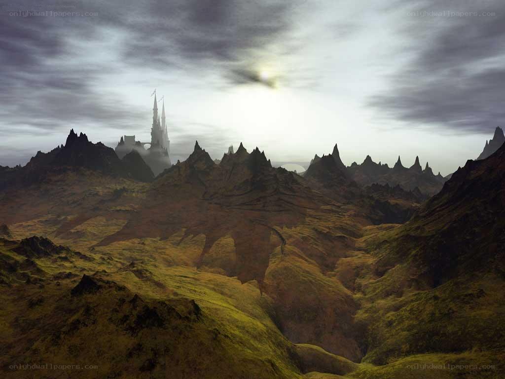 Fantasy castle in mountainous landscape