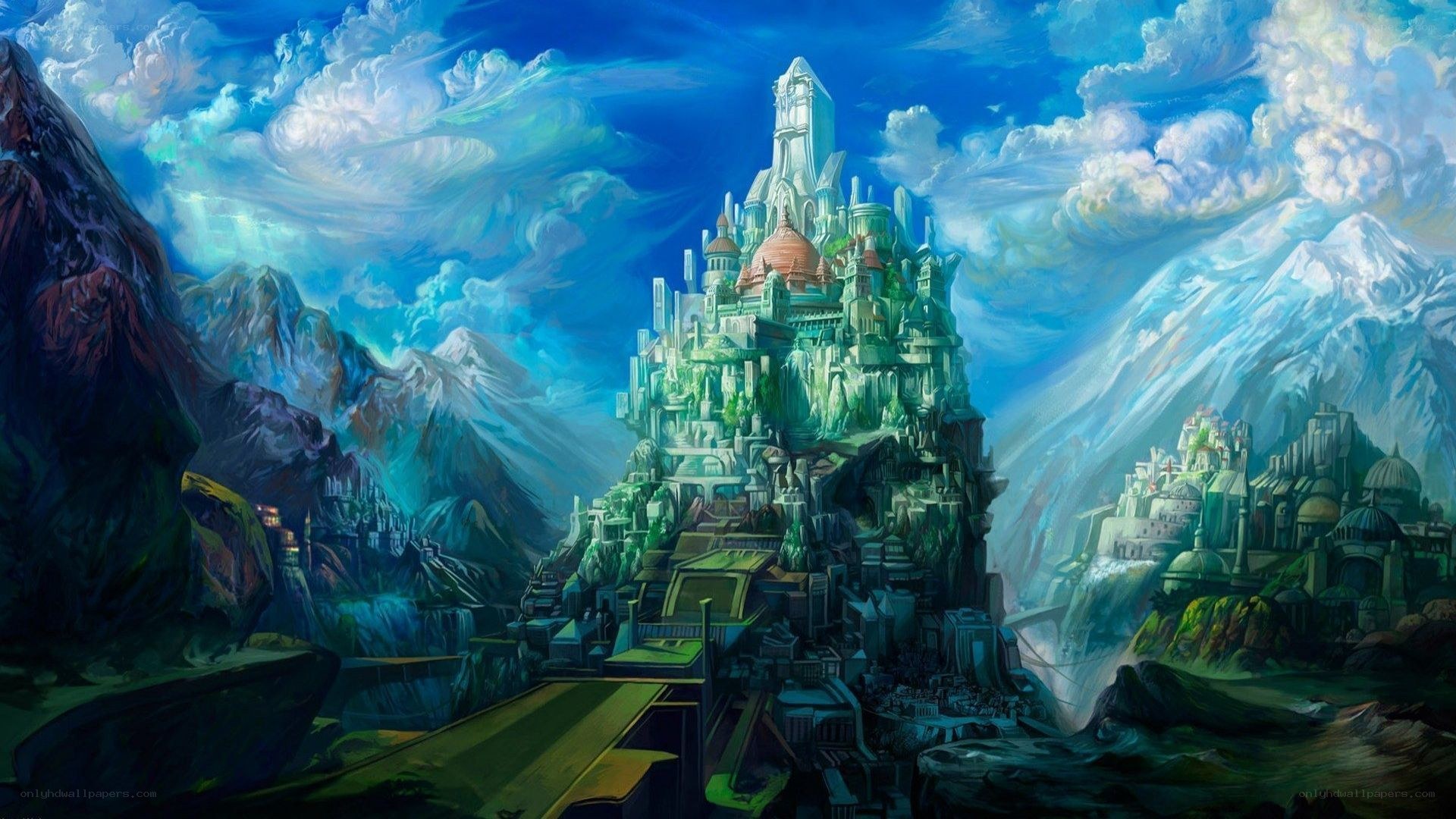 fantasy castle in mountainous landscape