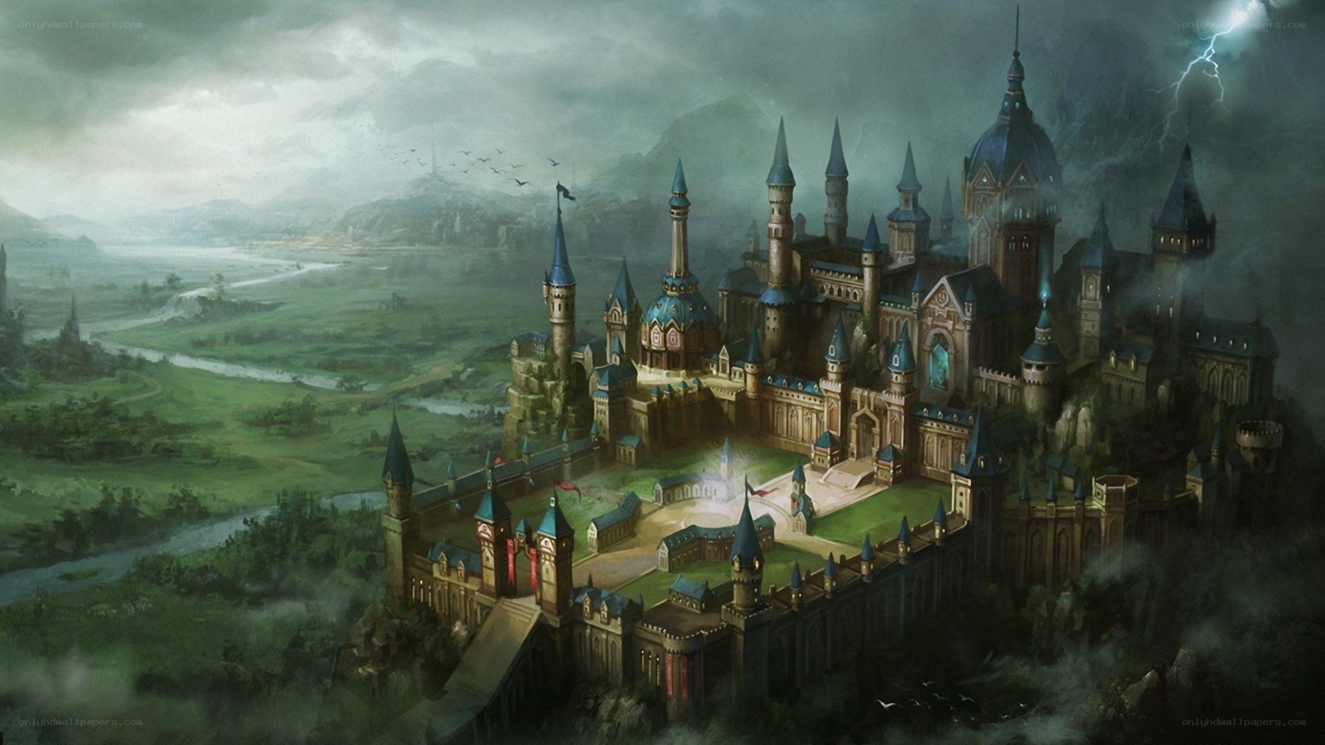 Fantasy castle in stormy landscape