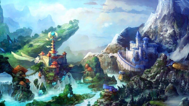Fantasy Castle Landscape — Blue, Serene, Afternoon, Digital Art, Mountains, River, Castles, Trees