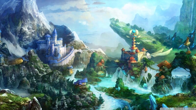 Fantasy Castle Landscape — Blue, Serene, Afternoon, Digital Art