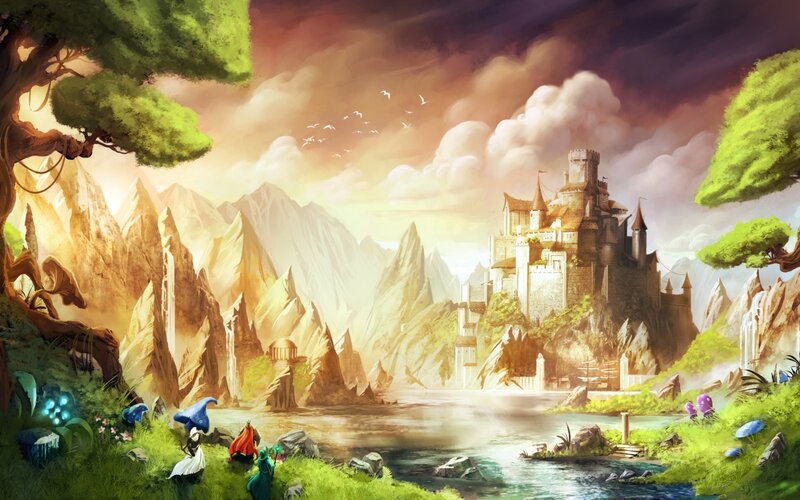 Fantasy Castle Landscape — Green, Serene, Sunset