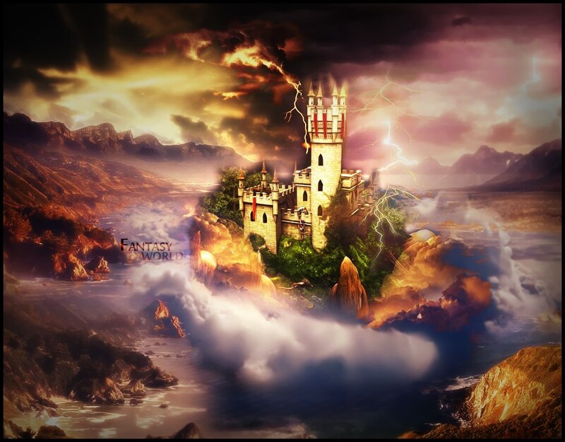 Fantasy castle on a stormy island