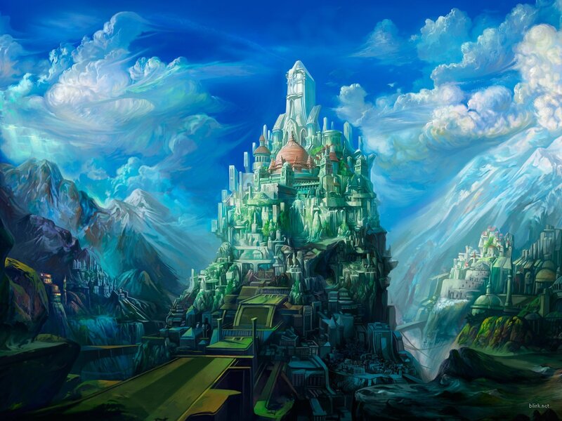Fantasy Castle on Mountain — Blue, Dramatic, Digital Art, Mountains, Clouds, Waterfall, Green