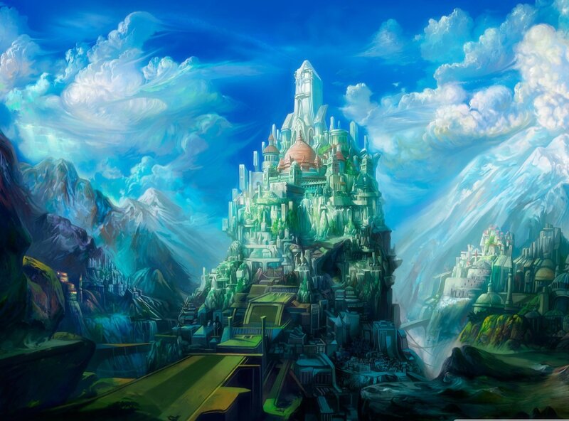 Fantasy Castle on Mountain — Blue, Dramatic, Digital Art