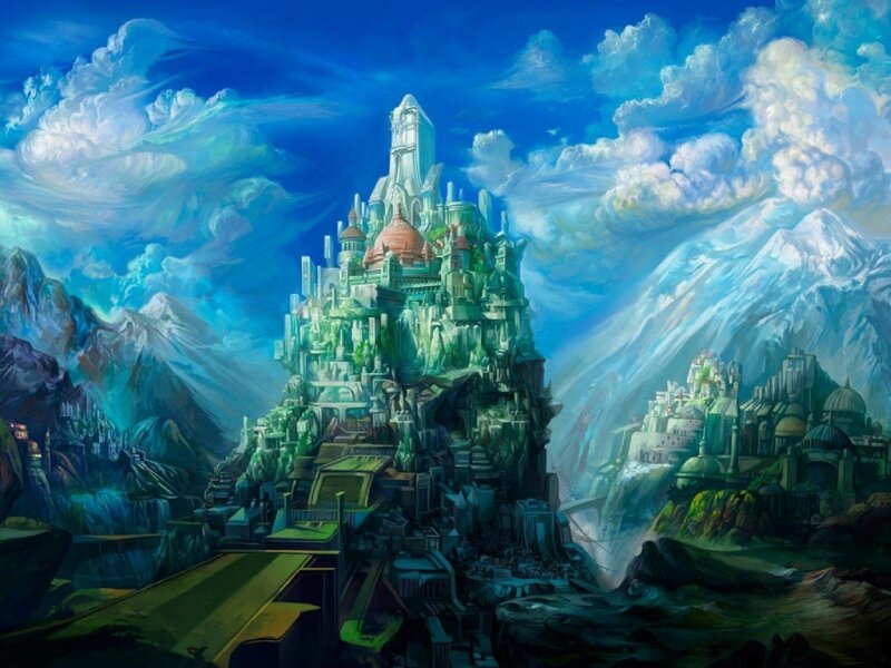 Fantasy Castle on Mountain — Blue, Dramatic, Painting