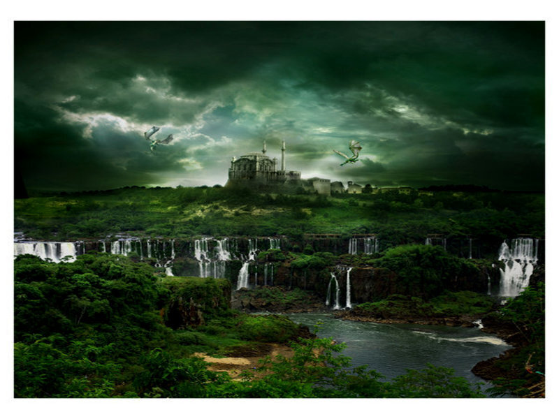 Fantasy castle over waterfalls