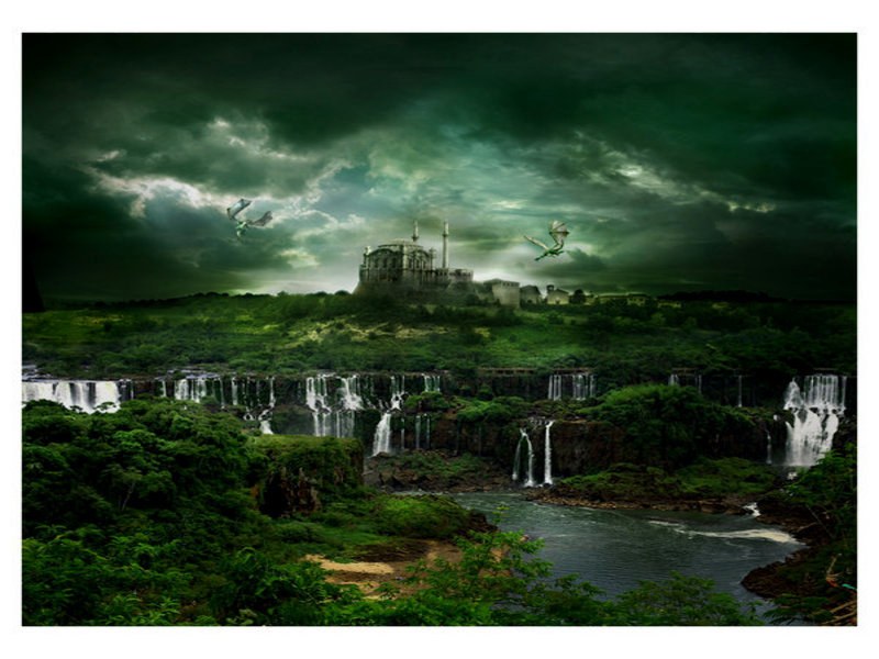 Fantasy castle over waterfalls