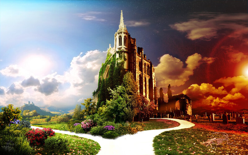 Fantasy castle split by day and night