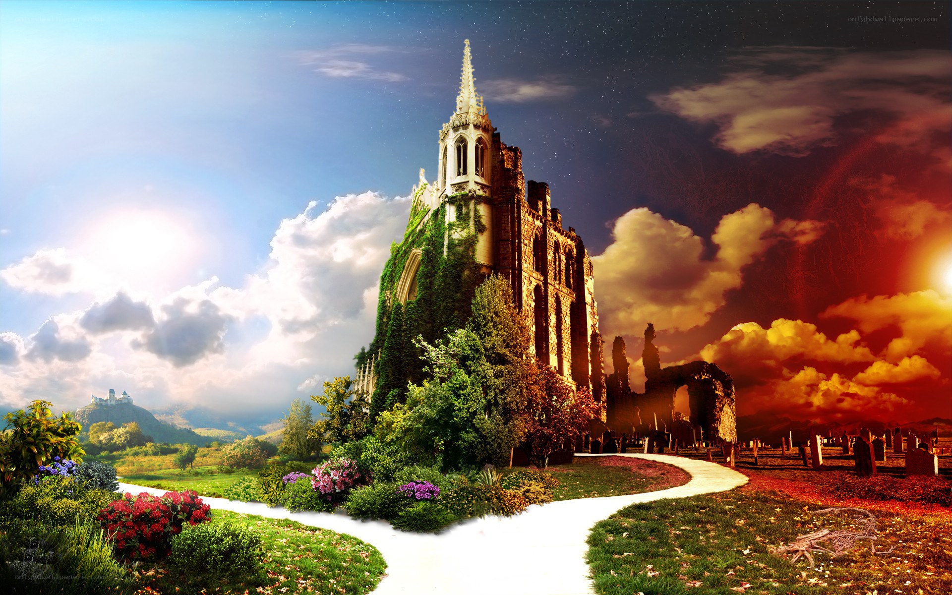 Fantasy castle split by day and night