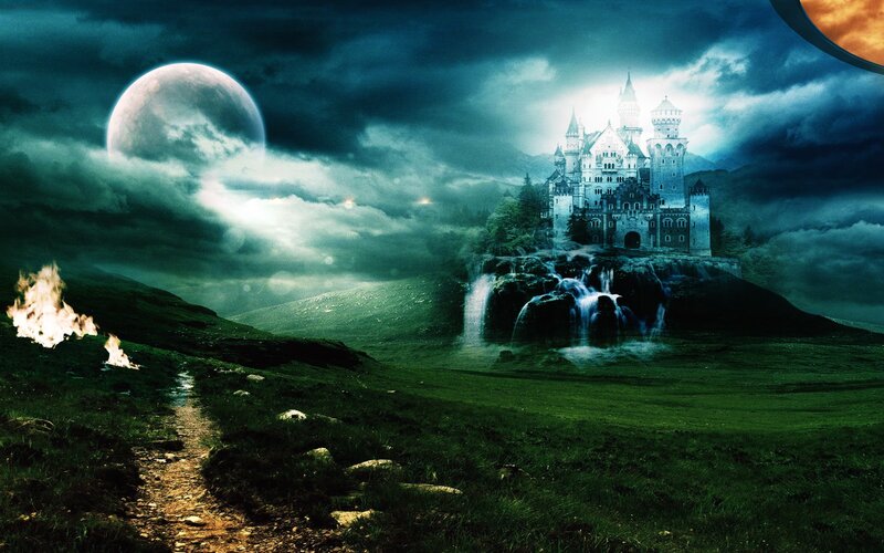 Fantasy castle under a full moon