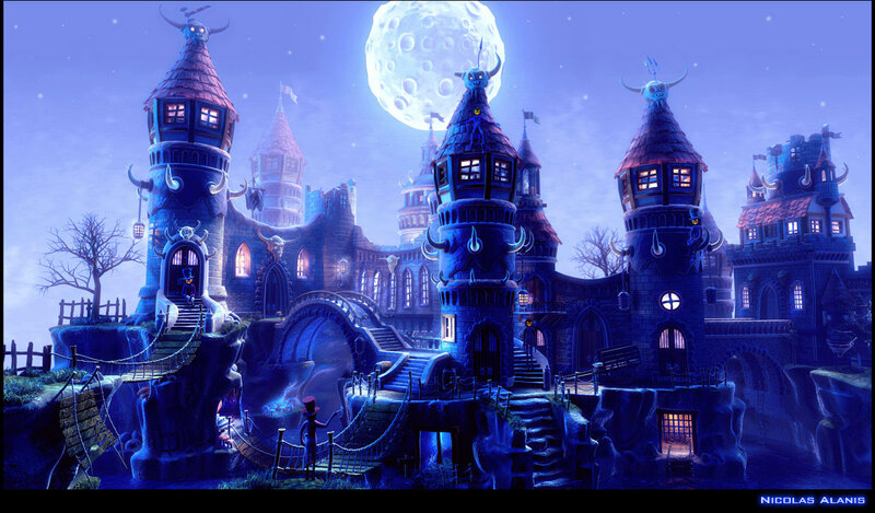 Fantasy castle under a full moon