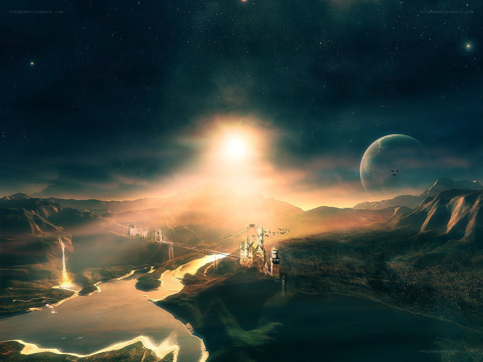 Fantasy castle under alien sky