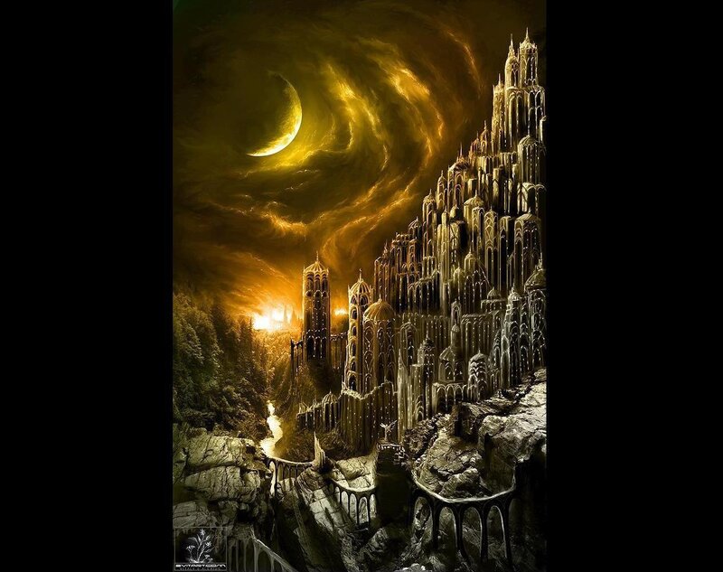 Fantasy castle under crescent moon