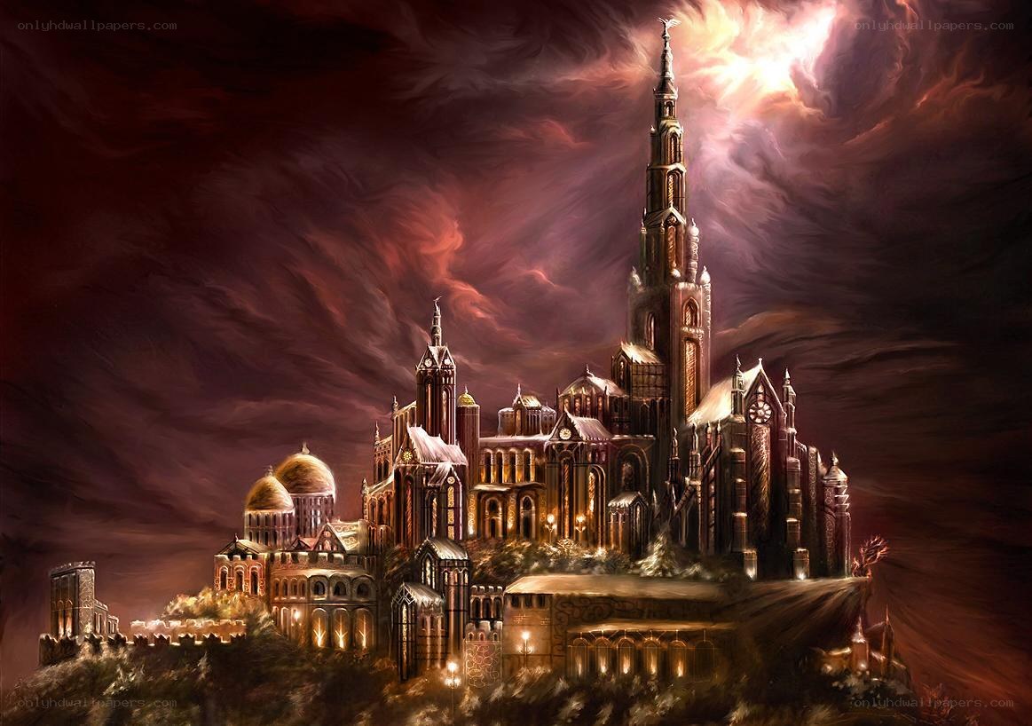 Fantasy castle under stormy sky