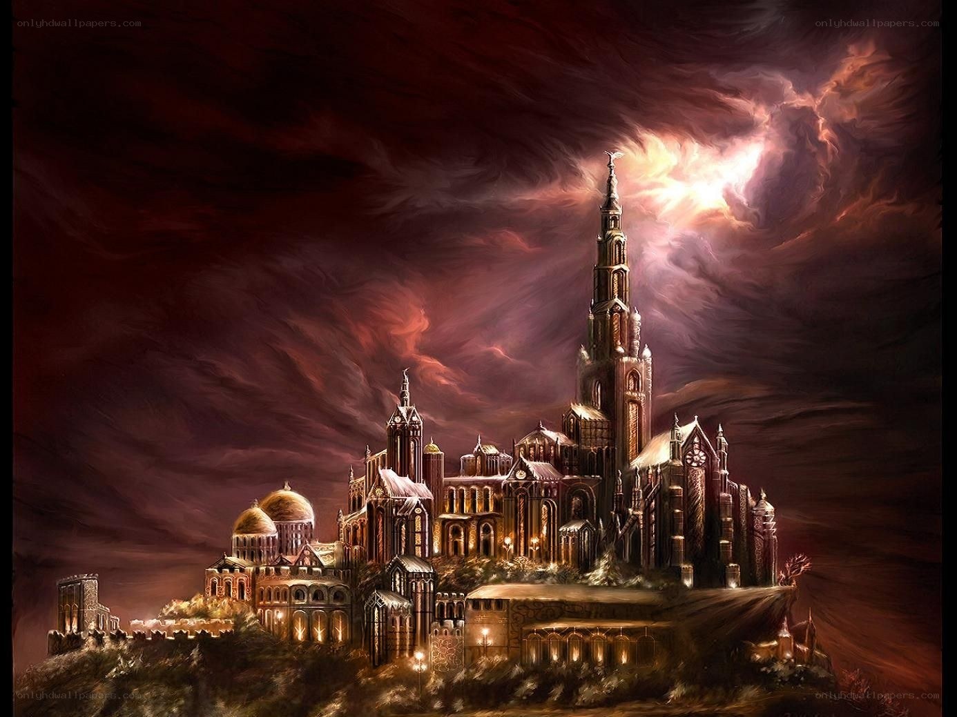 Fantasy castle under stormy sky