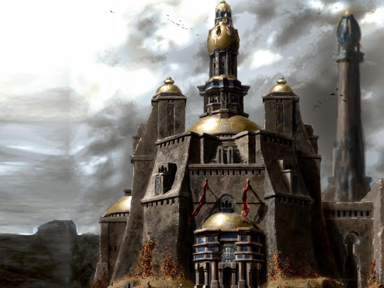 Fantasy castle under stormy sky