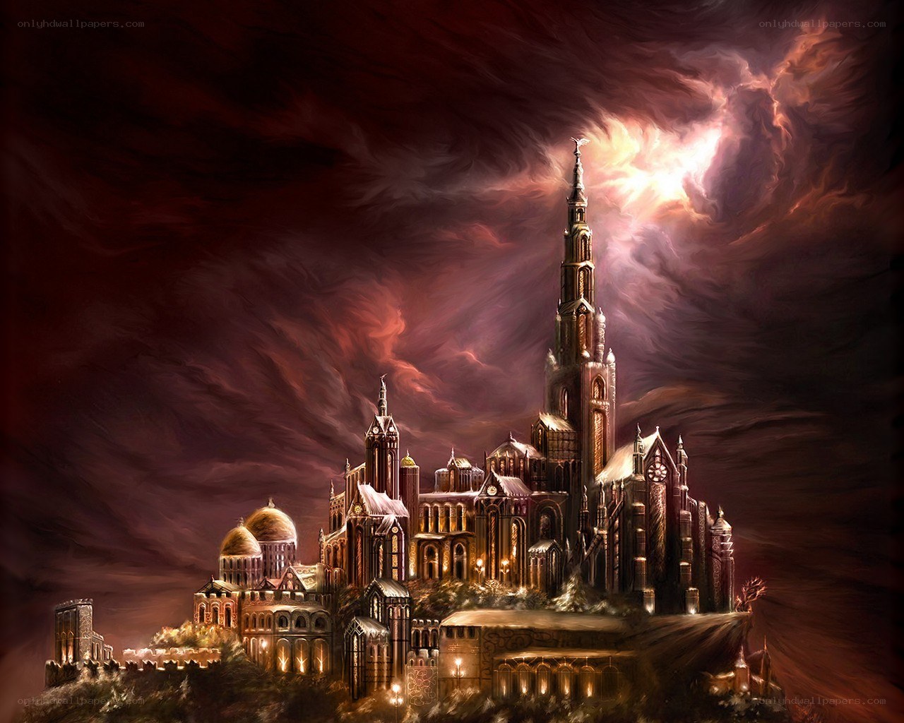 Fantasy castle under stormy sky