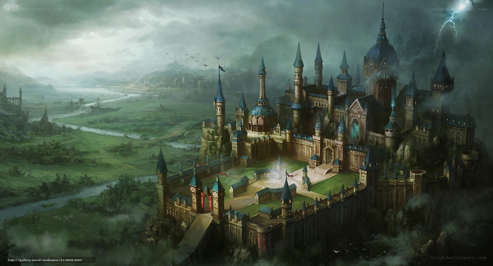 Fantasy castle under stormy sky
