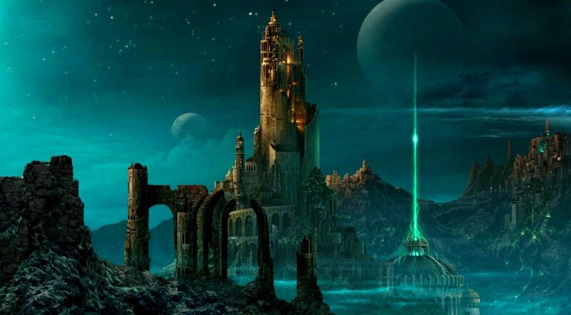 fantasy castle under twin moons