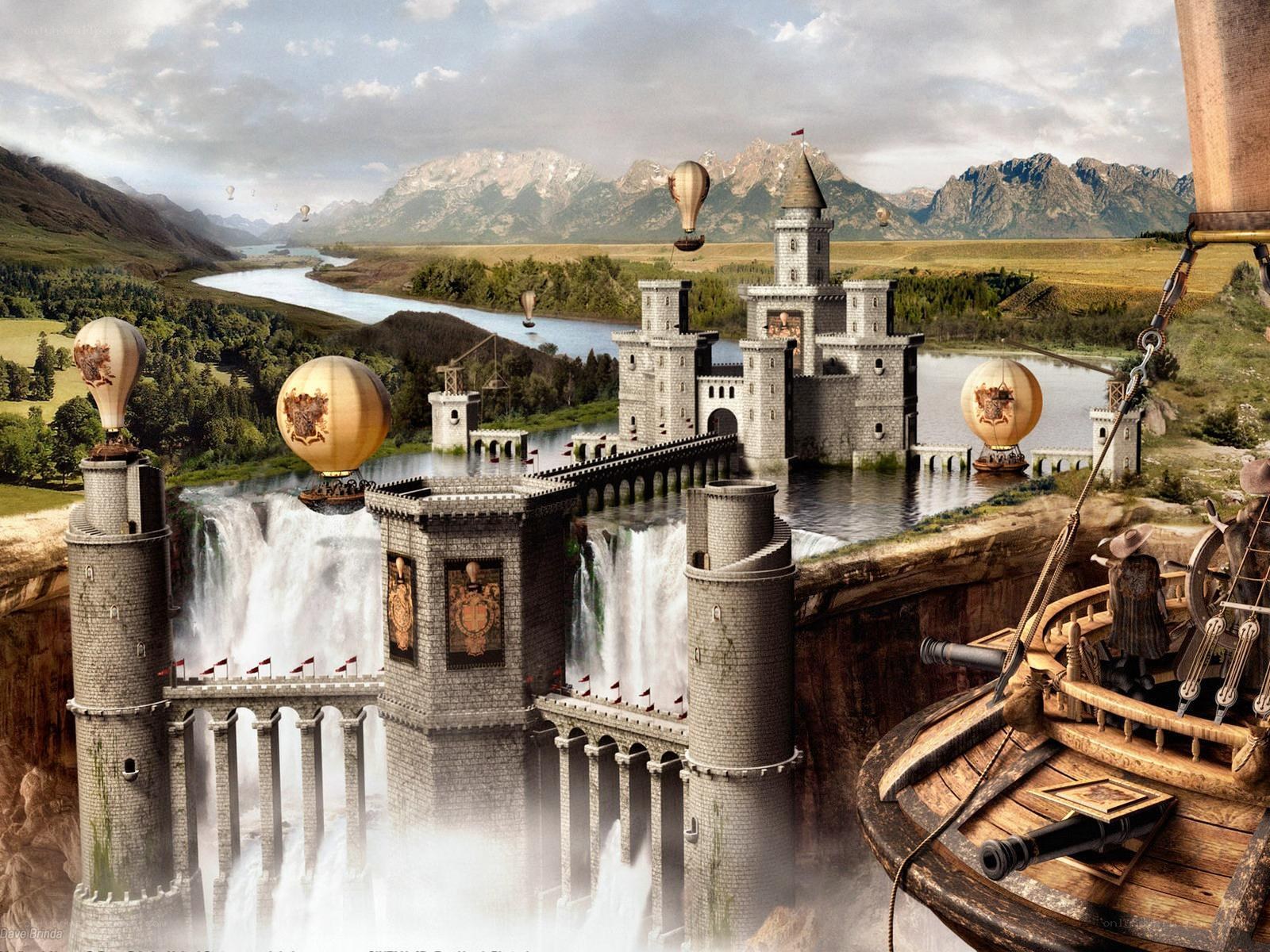 Fantasy castle with airships