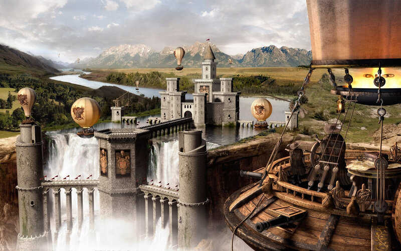 Fantasy castle with airships