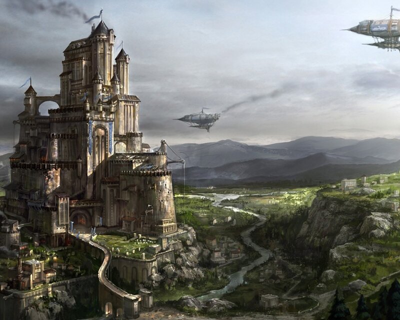 Fantasy castle with airships