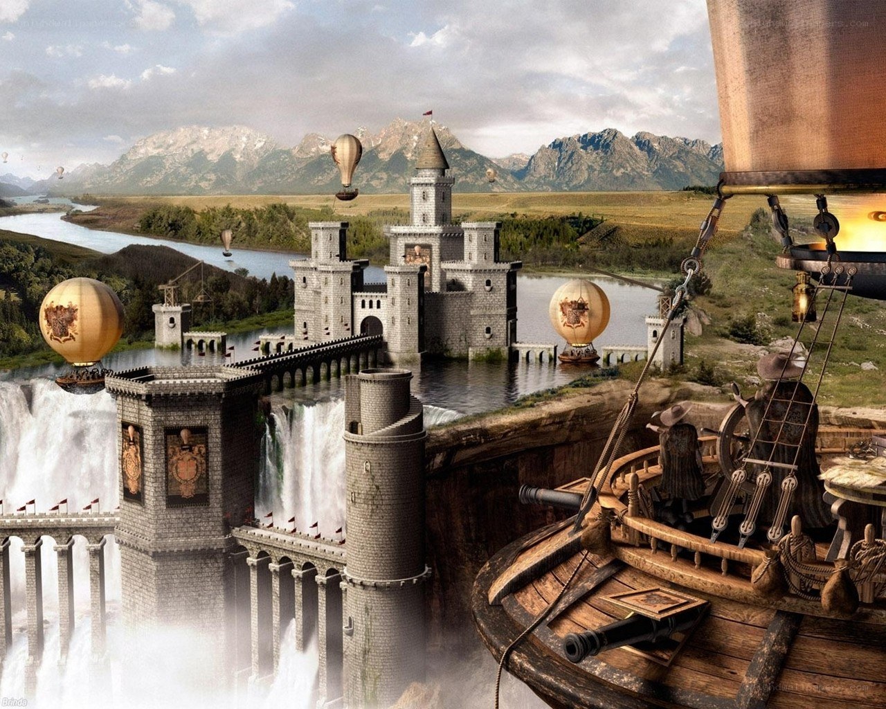Fantasy castle with airships