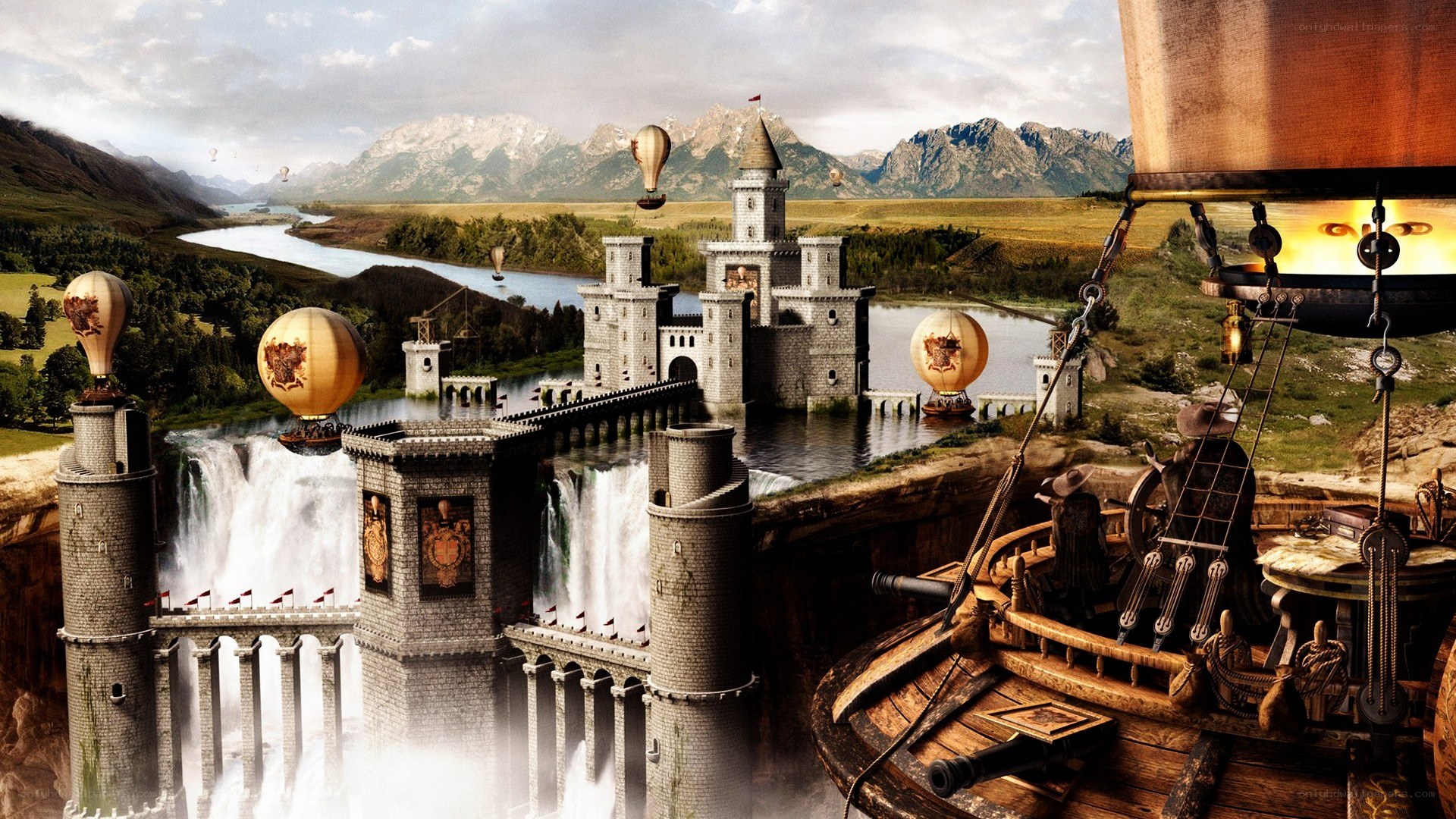 Fantasy castle with airships