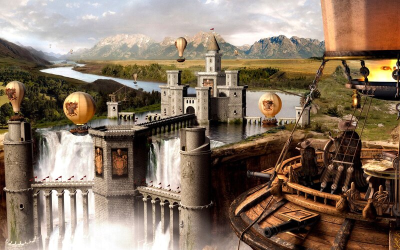 Fantasy castle with airships