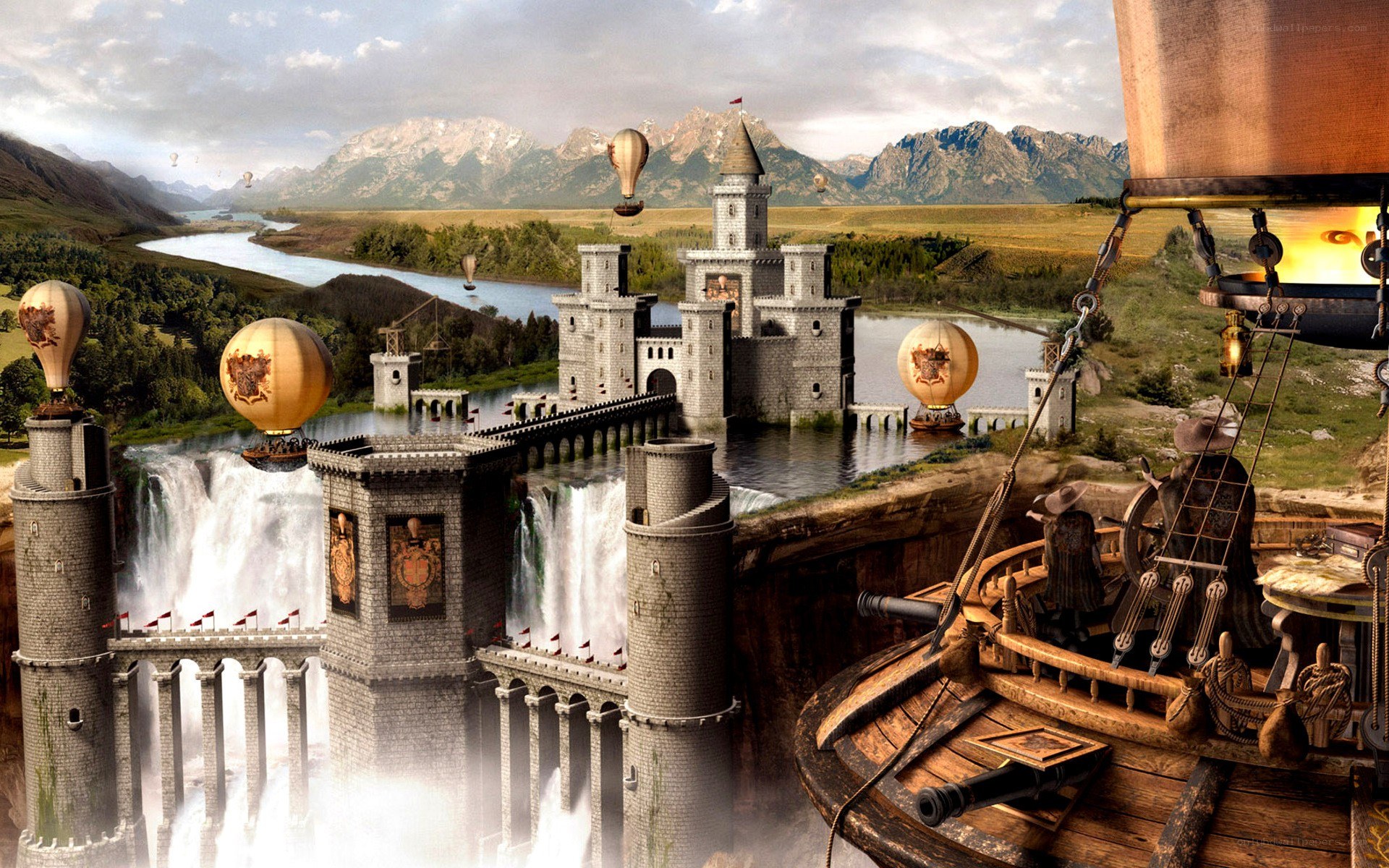 Fantasy castle with airships