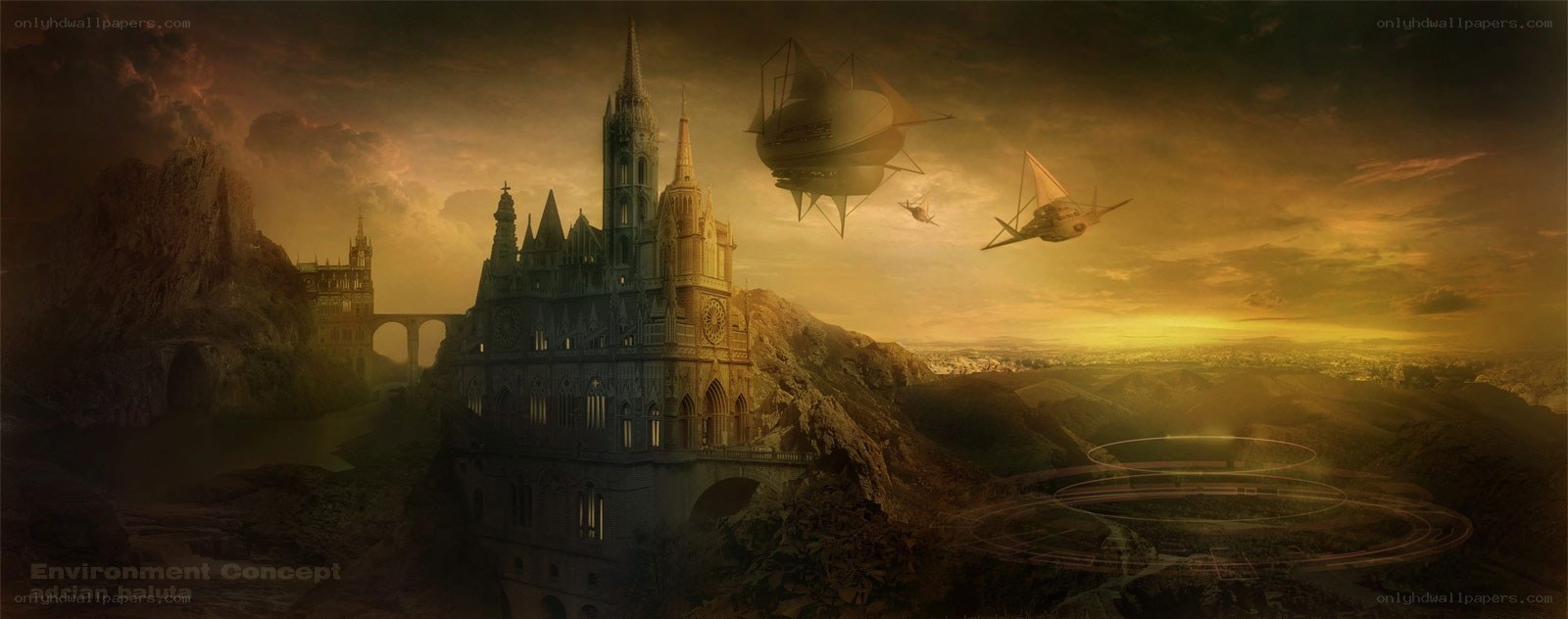 Fantasy castle with airships