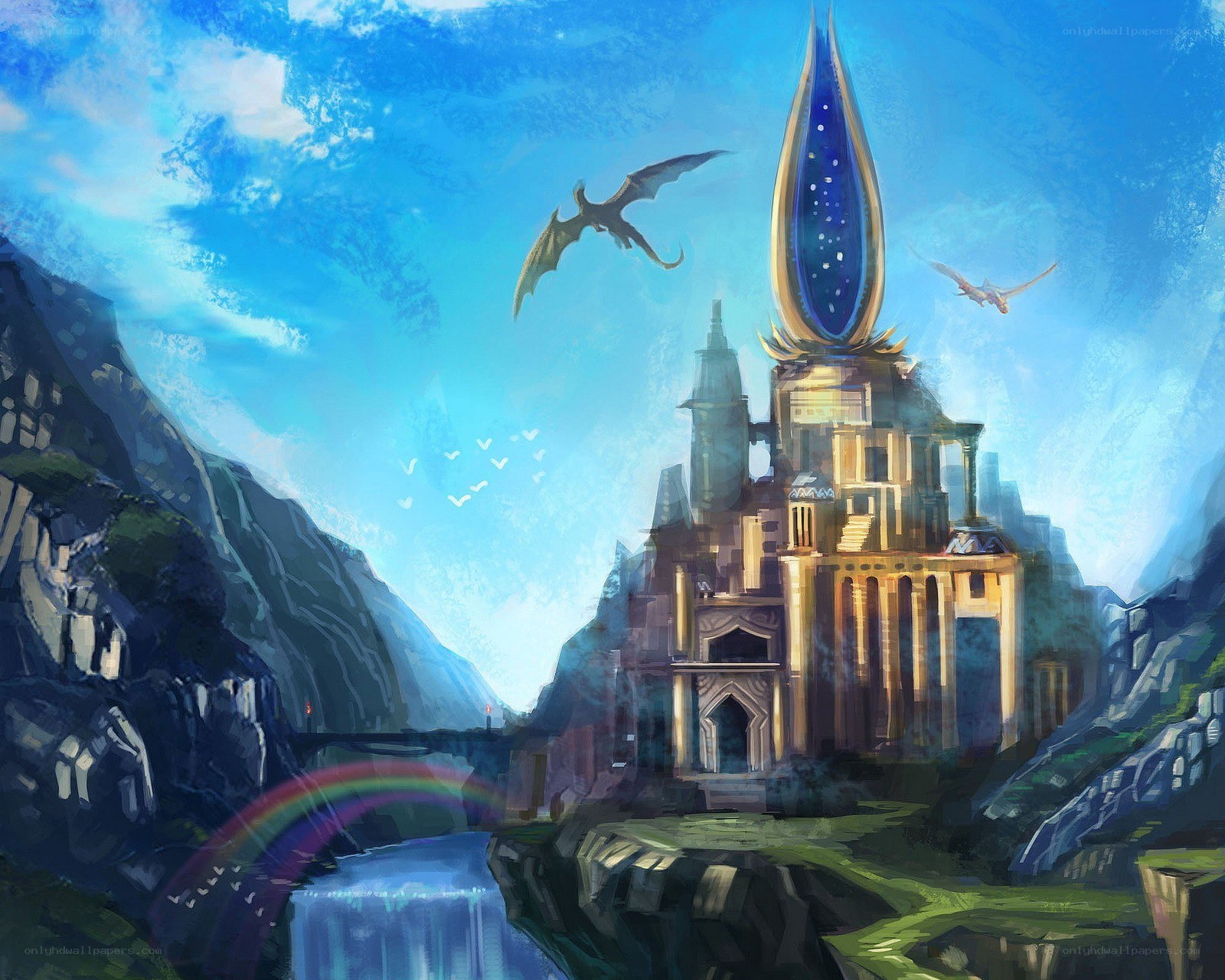 fantasy castle with dragons