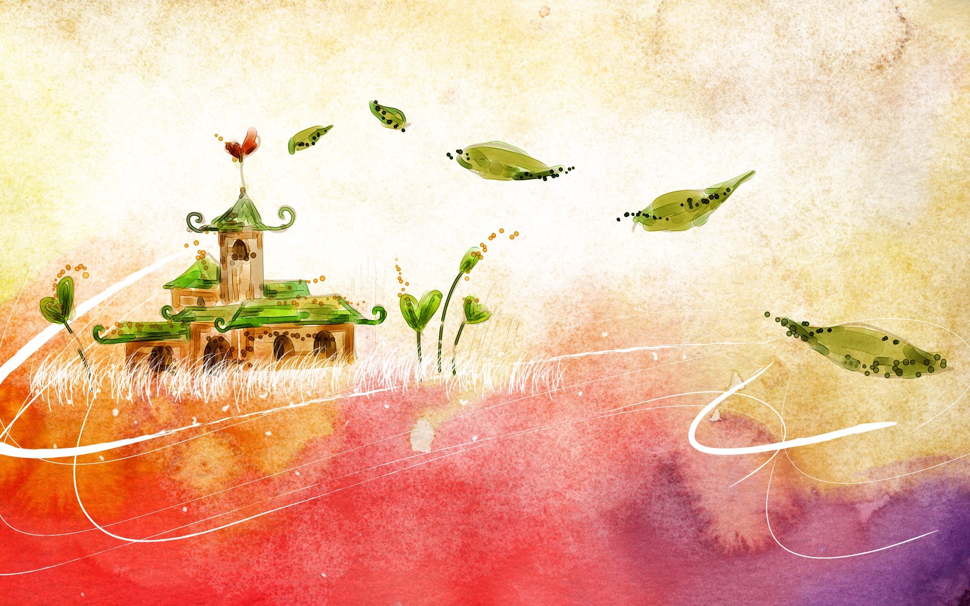 Fantasy castle with flying leaves