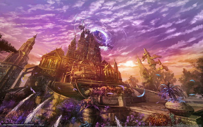 Fantasy Castle with Flying Ships — Purple