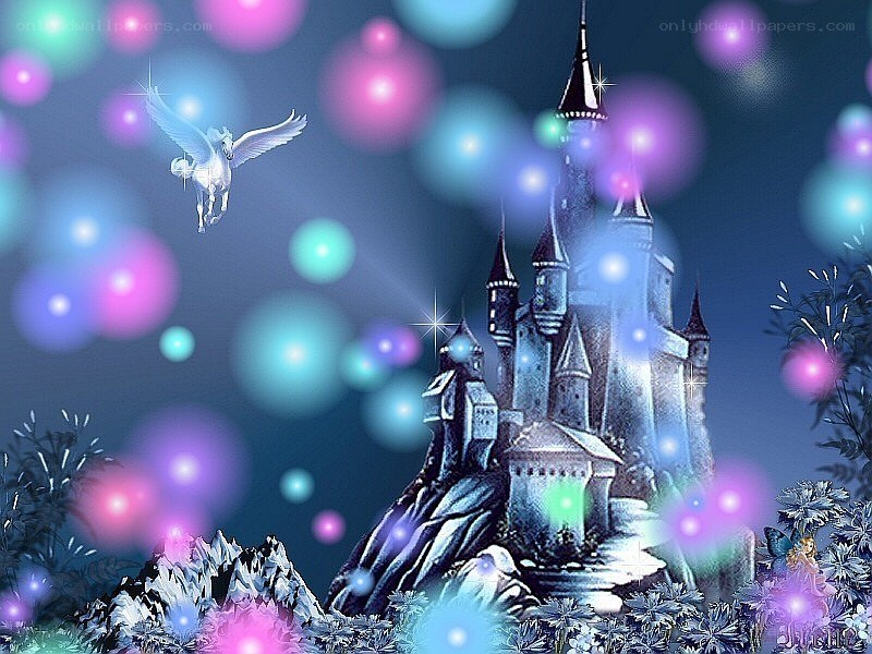 Fantasy castle with flying unicorn