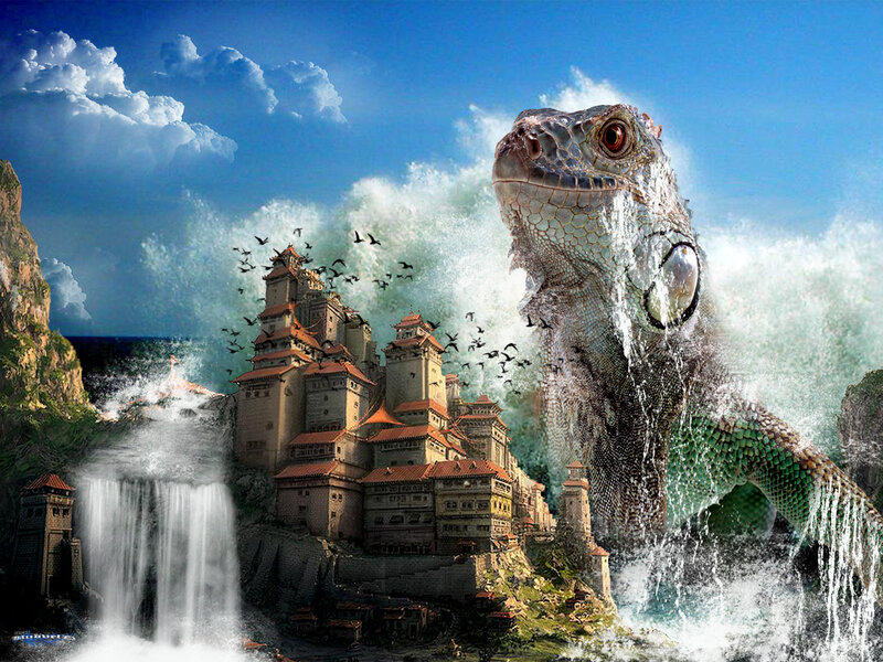 fantasy castle with giant lizard