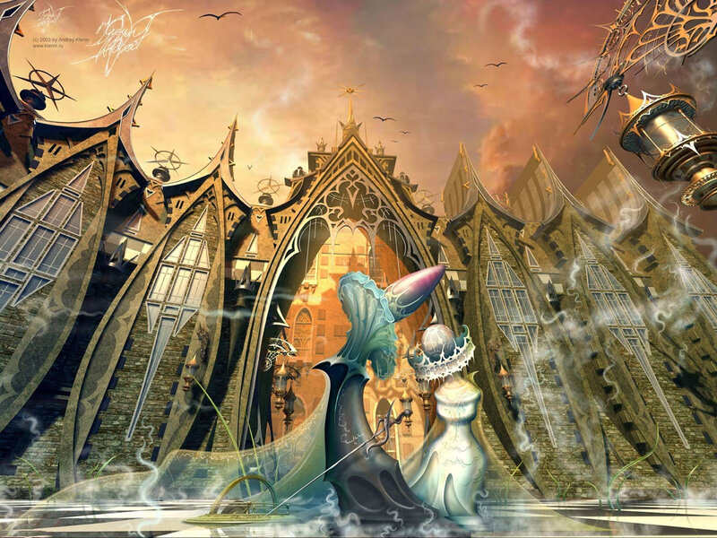 Fantasy castle with magical creatures