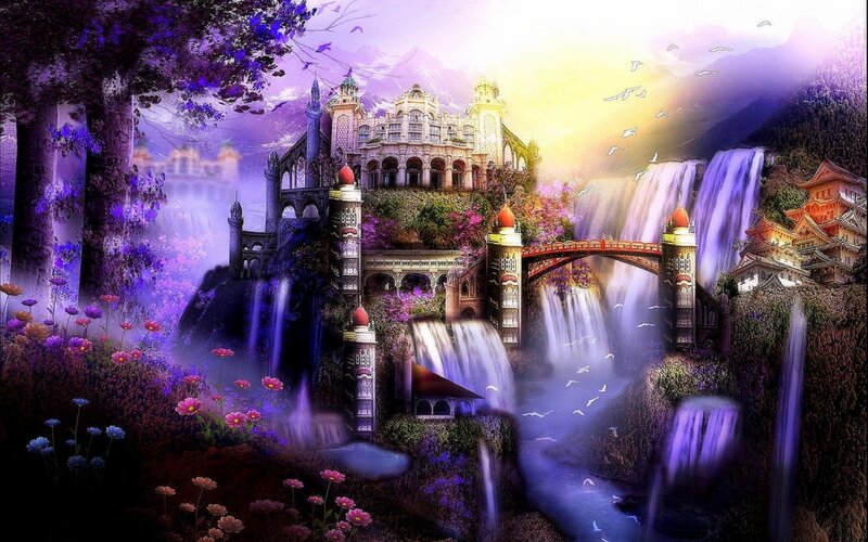 Fantasy Castle with Waterfalls — Purple