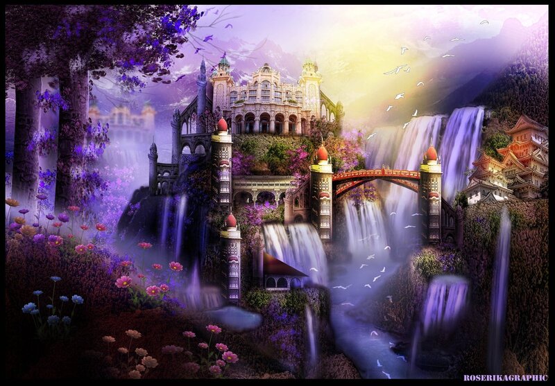 Fantasy Castle with Waterfalls