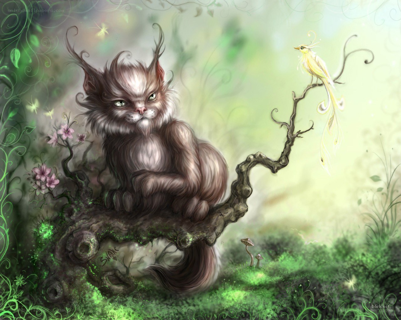 Fantasy cat and bird in a forest