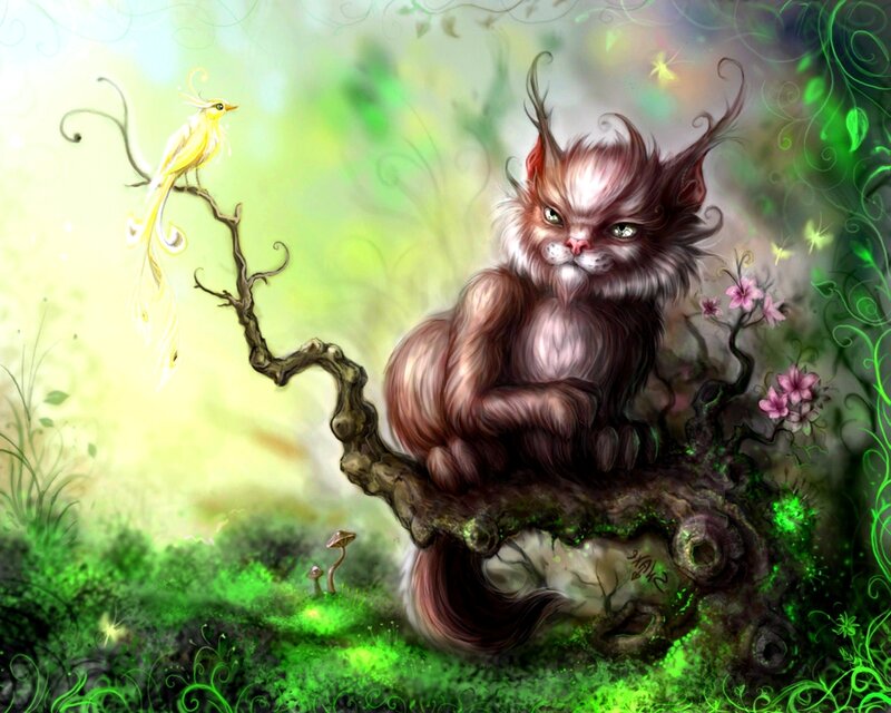 Fantasy cat and bird in a magical forest