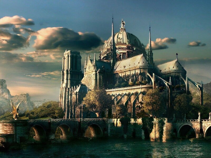 Fantasy cathedral by river