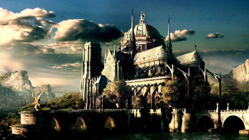fantasy cathedral on a river
