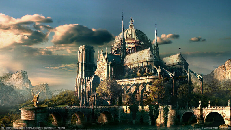 Fantasy cathedral on a river island
