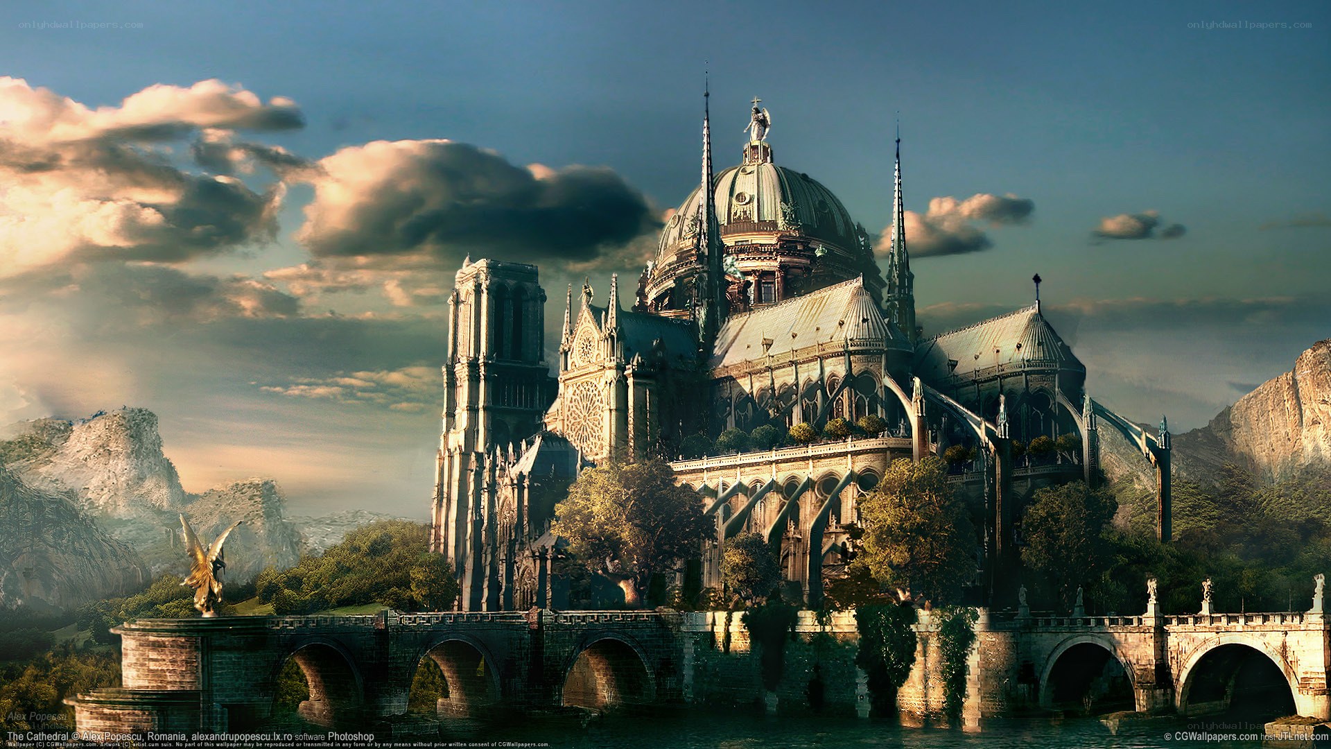 Fantasy cathedral on a river island