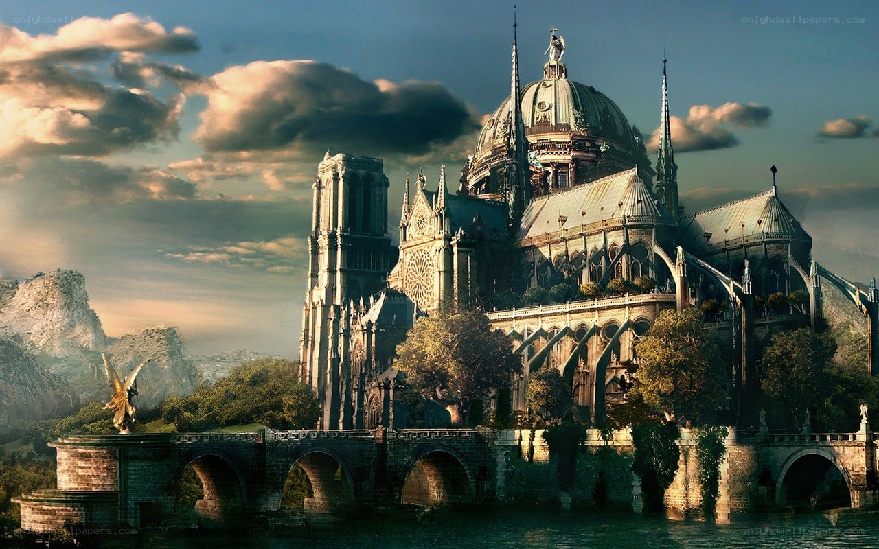 Fantasy cathedral on a river island